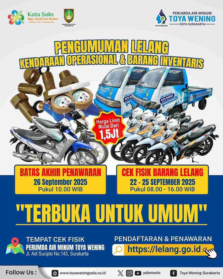 Lelang Kendaraan Operasional & Barang Inventaris Perumda Air Minum Toya Wening